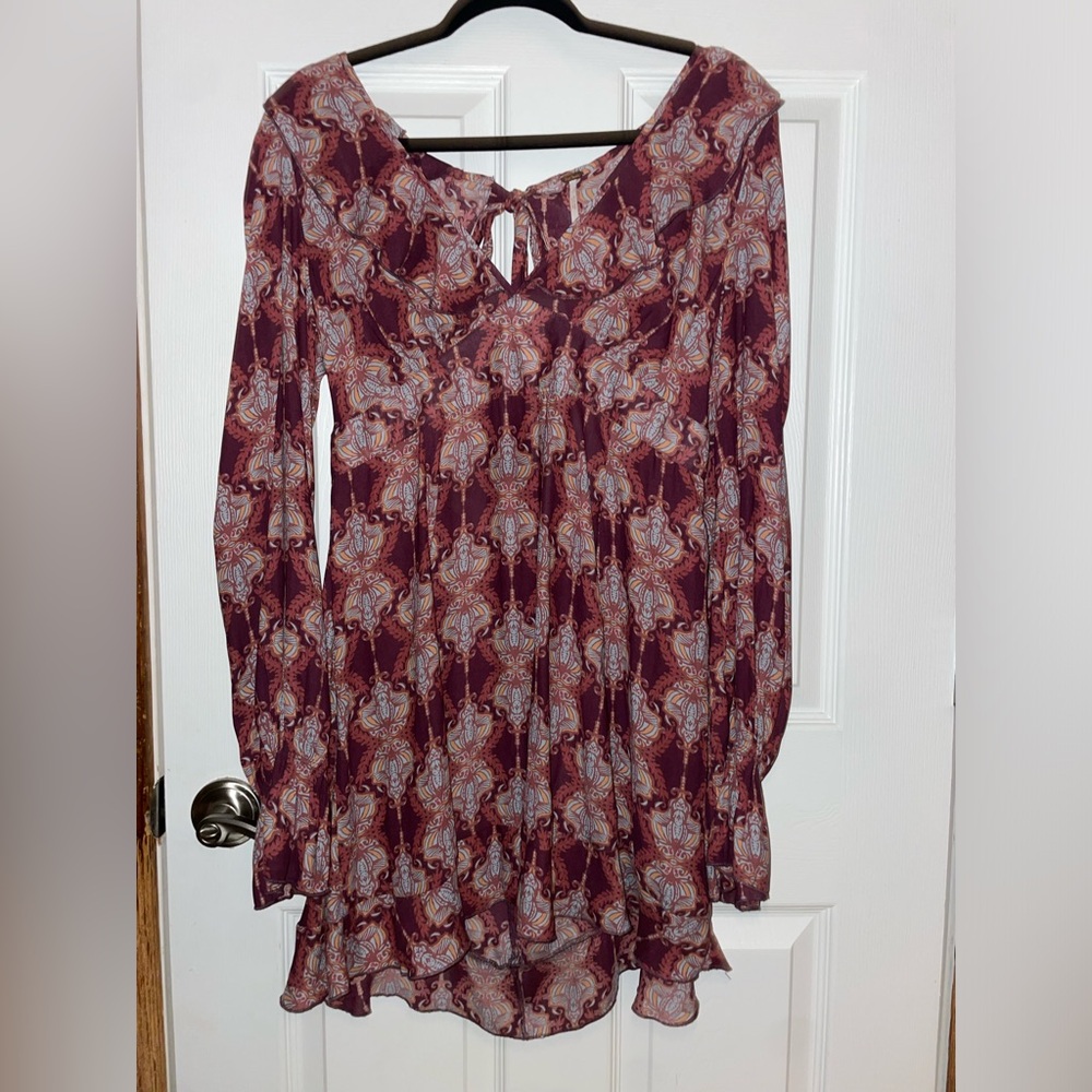 Free People Burgundy Paisley Long-Sleeve Mini Dress